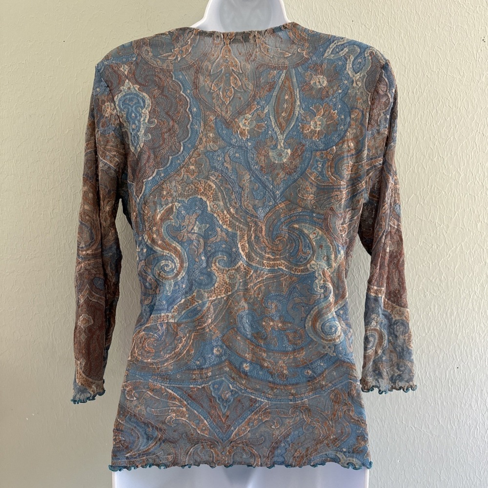 Therapy Y2K Fairy Top Blue Mesh Paisley Lace 3/4 Sleeve Lettuce Hem Vntg Sz L - Picture 6 of 6
